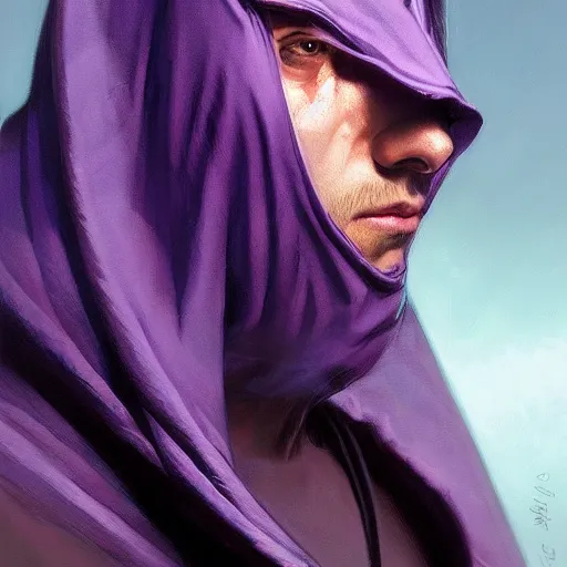 Image similar to ultra realistic illustration, man in a black hood, in a striped purple balaclava, mysterious, highly detailed, digital painting, artstation, concept art, smooth, sharp focus, illustration, art by artgerm and greg rutkowski and alphonse mucha