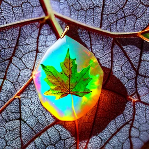 Image similar to maple leaf resting!!!!! on a colorful opal crystal, 4 k, 3 5 mm!!!!! lens