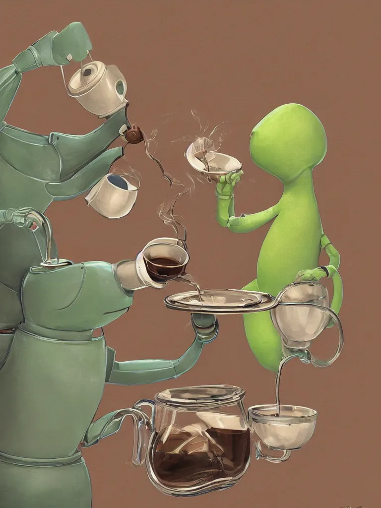 Image similar to serene illustration robotic kermit offering a cup of fresh steaming coffee, by Simon Stalenhaag, by Yoshita Amano, by Esao Andrews, sharp focus, fresh colors, conceptart, trending on artstation