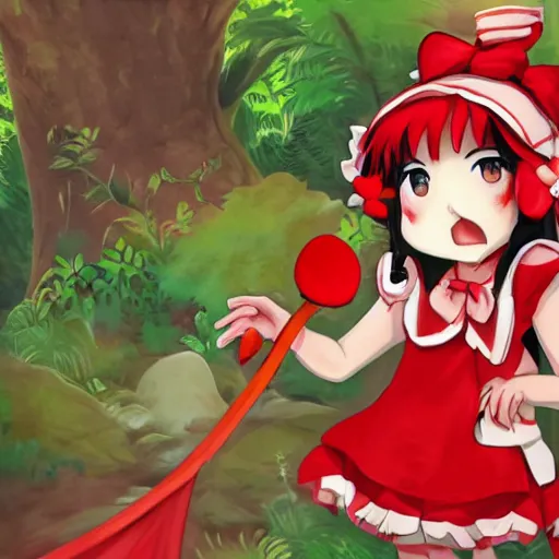 Image similar to a clipstudio of reimu in the jungle wearing bonnet