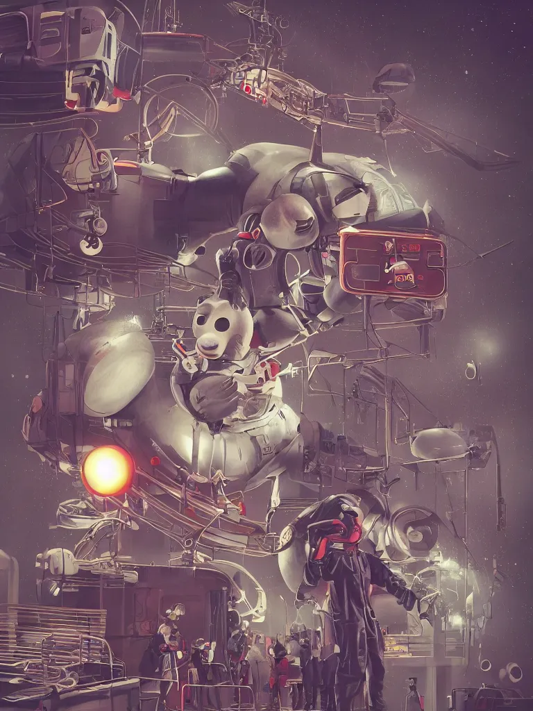 Image similar to graphic art of dystopian futuristic 1 0 mechanic surgeons in space suits, operate on a huge mickeymouse!!! head held by a crane. ominous glowing red netflix!!! sign in the background, trending on art station, beeple
