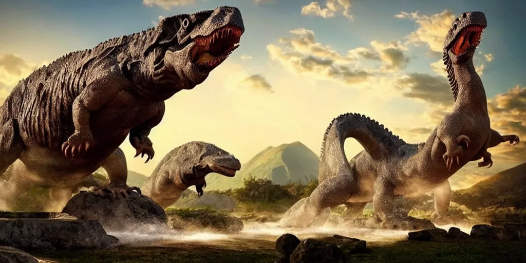 Prompt: amazing prehistoric landscape photo of tyrannosaurus and komodo fighting beside mount olympus, greek doric ionic corinthian fountain, beautiful dramatic lighting