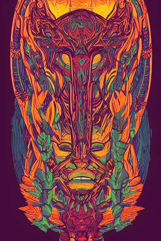 Image similar to animal mask totem roots flower tribal feather gemstone plant wood rock shaman vodoo video game vector cutout illustration vivid multicolor borderlands comics by josan gonzales and dan mumford radiating a glowing aura