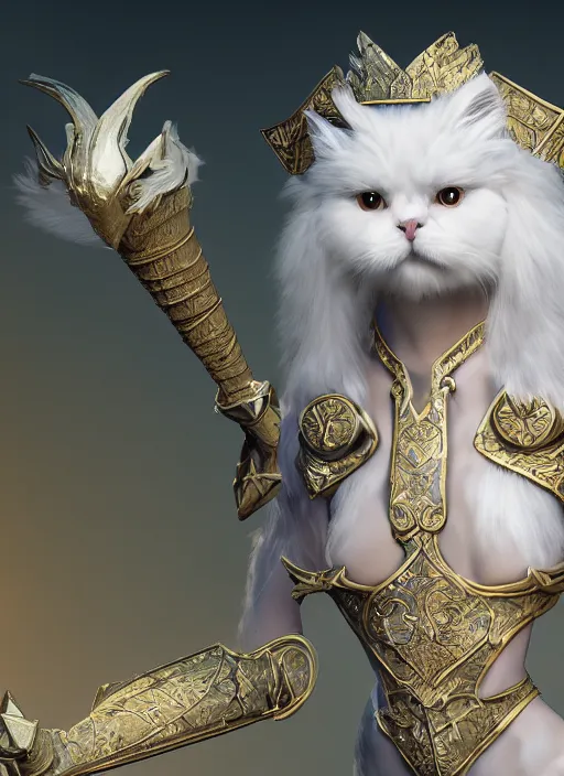 Prompt: An epic fantasy comic book style portrait painting of a white persian cat queen in throne, unreal 5, DAZ, hyperrealistic, octane render, cosplay, RPG portrait, dynamic lighting