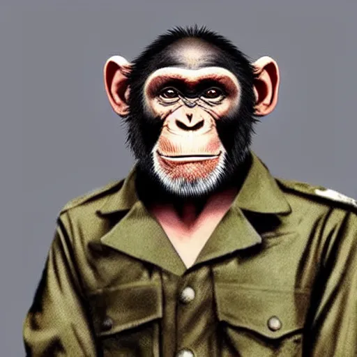 Prompt: A chimpanzee in a vintage military jacket holding a pair of scissors, he has a very good haircut