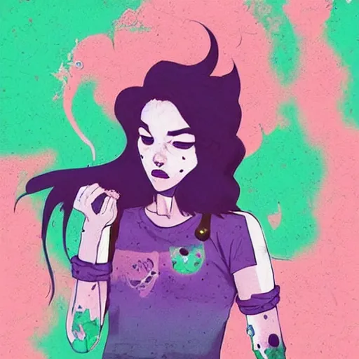 Image similar to Highly detailed portrait of pretty punk zombie young lady with, freckles and beautiful hair by Atey Ghailan, by Loish, by Bryan Lee O'Malley, by Cliff Chiang, inspired by image comics, inspired by graphic novel cover art, inspired by izombie !! Gradient purple and green color scheme ((grafitti tag brick wall background)), trending on artstation