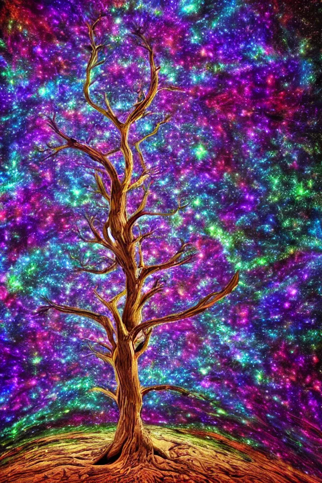 Prompt: fractal tree in deep space in style of Dean Roger, massive wide trunk, hyper realism, contrast picture