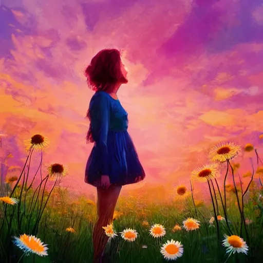 Image similar to girl face made of giant daisies, standing in a flower field, holding flowers, surreal photography, sunset dramatic light, impressionist painting, colorful clouds, large sky, digital painting, artstation, simon stalenhag