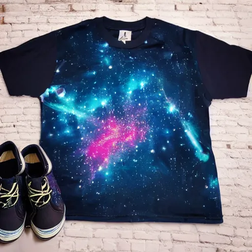 Image similar to photo of a t - shirt with a cool galactic print on the chest in the style of maximalism, product photo