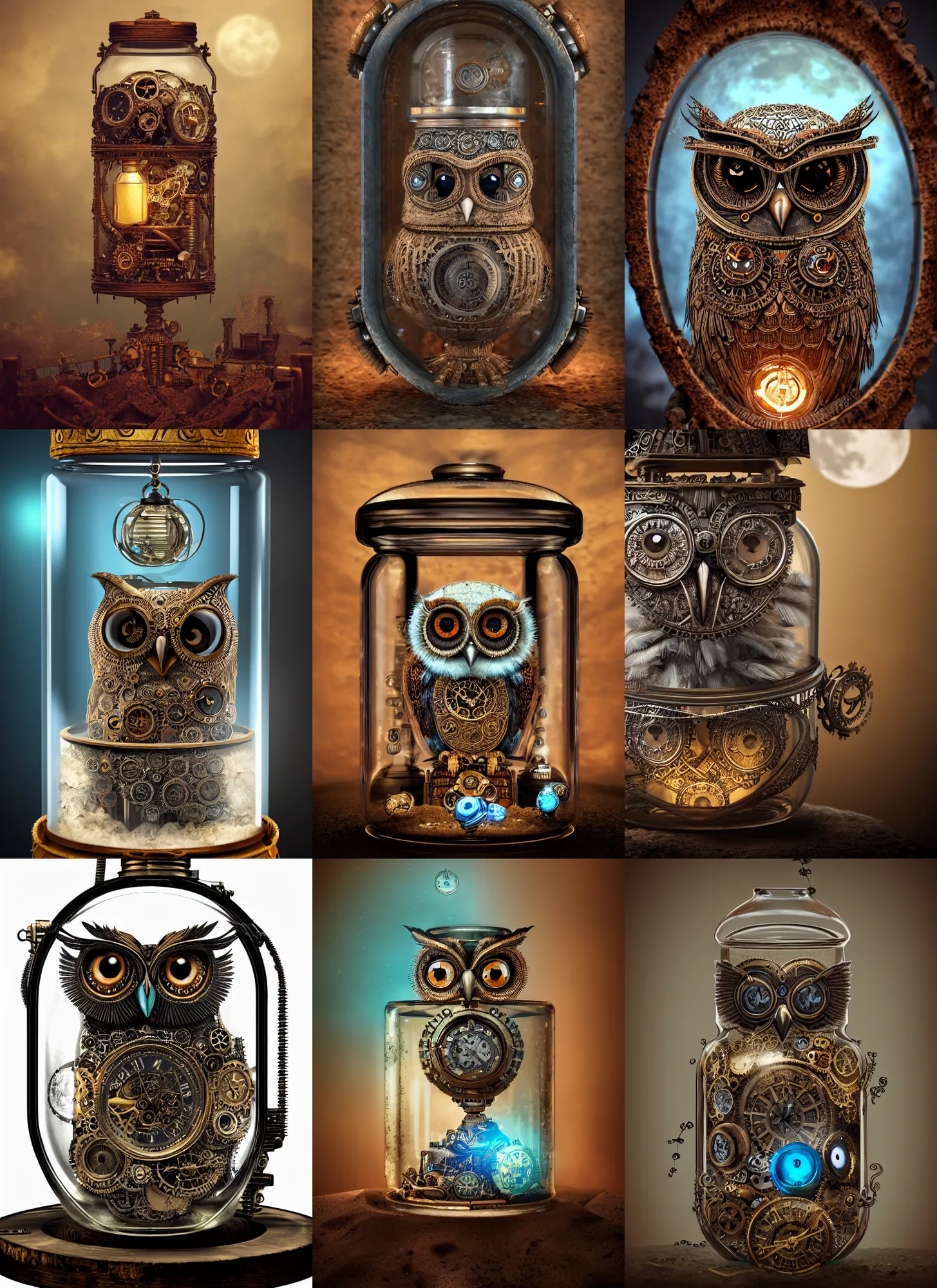 Prompt: steampunk aztec owl inside a glass jar buried in sand, hourglass, intricate detail, hyper detailed, ultra realistic, sharp focus, octane render, lantern, artstation trending, moon, pocketwatch, cgsociety, sense of awe, swirling mist, mystical, blue moon, 4 k