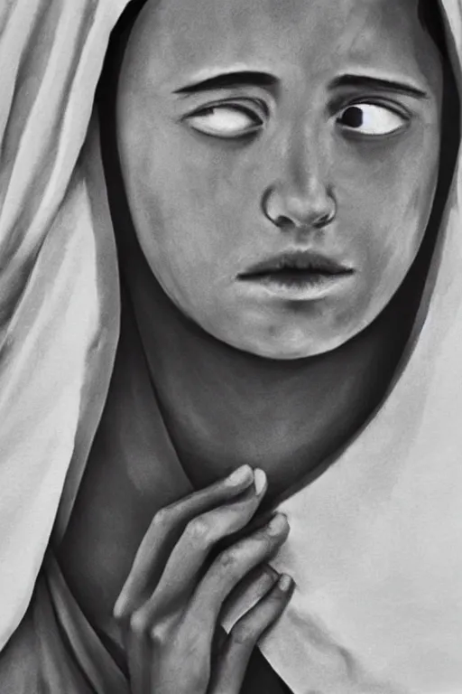 Prompt: extreme close-up portrait of young beautiful crying nun, in style of hyperrealism
