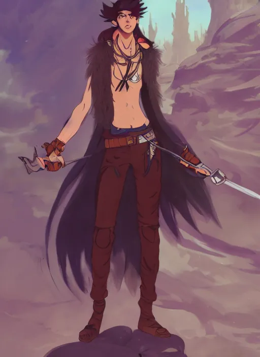 Image similar to concept art painting of an androgynous bird person with human face and black feathers, pirate clothes, detailed, cel shaded, in the style of makoto shinkai and james gurney and alphonse mucha and greg rutkowski and artgerm