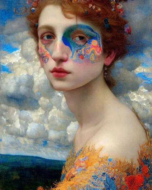 Prompt: a beautiful girl in the clouds wearing colourful face paint surrounded by colourful intricate patterns, by edgar maxence and caravaggio and michael whelan, intricate painting, hyper realistic, extremely detailed and beautiful aesthetic face, 8 k resolution