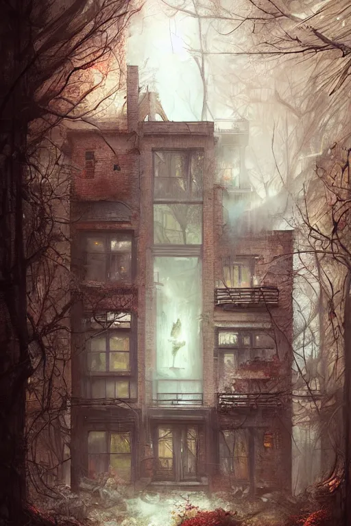 Image similar to a ramshackle Manhattan brick brownstone deep in the forest by Bastien Lecouffe Deharme