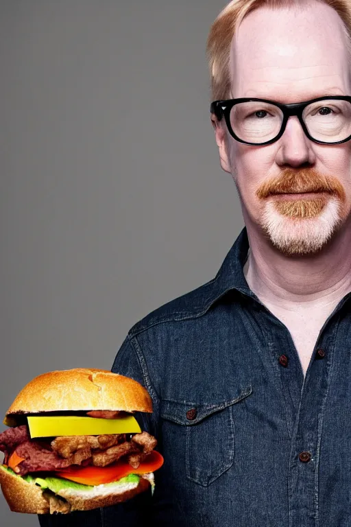 Image similar to 📷 portrait of adam savage with a sandwich head, food head, still image, high resolution, 4 k