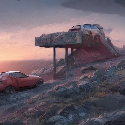 Prompt: post apocalypse scene of two cars parked on a cliff at sunset, computer art, concept art, high detail, warm colors, artstation