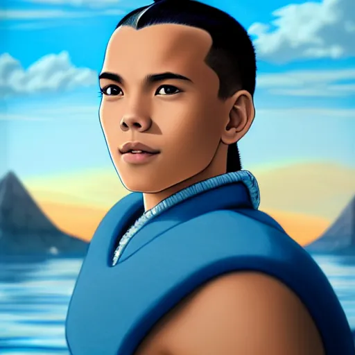 Image similar to beautiful serene intricate portrait of sokka from the water tribe as a young inuit man with blue eyes, smiling softly, relaxing on the beach, golden hour, soft focus, 8 k, art by irakli nadar, hyperrealism, hyperdetailed, ultra realistic