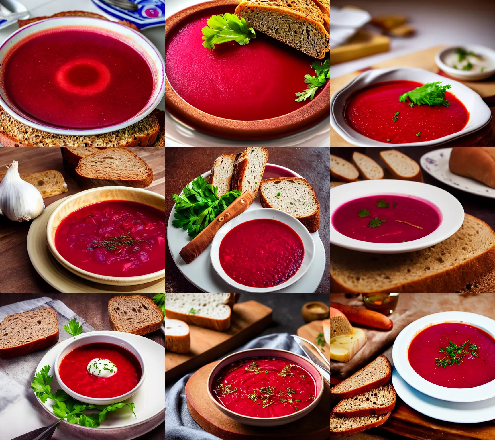 Prompt: plate of borscht, salo on brown bread, hyper realistic, foodphoto, extremely detailed, photorealism, garlic on background, side view, bokeh, epic lightning
