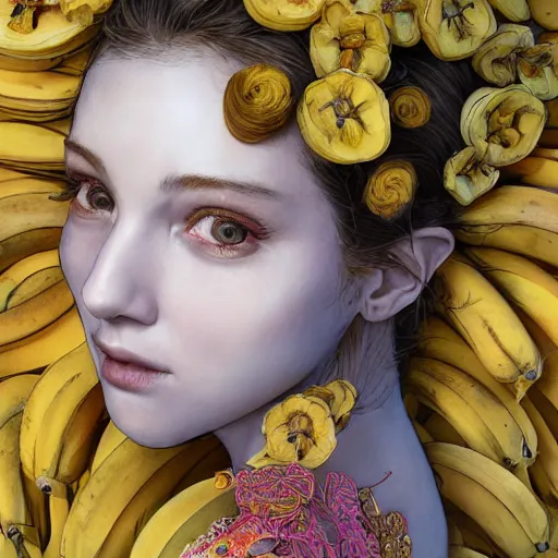 Prompt: the portrait of an absurdly beautiful, graceful, elegant young woman made of bananas and petals looking down, an ultrafine detailed illustration by kim jung gi, irakli nadar, intricate linework, bright colors, octopath traveler, final fantasy, angular, unreal engine 5 highly rendered, global illumination, radiant light, detailed and intricate environment