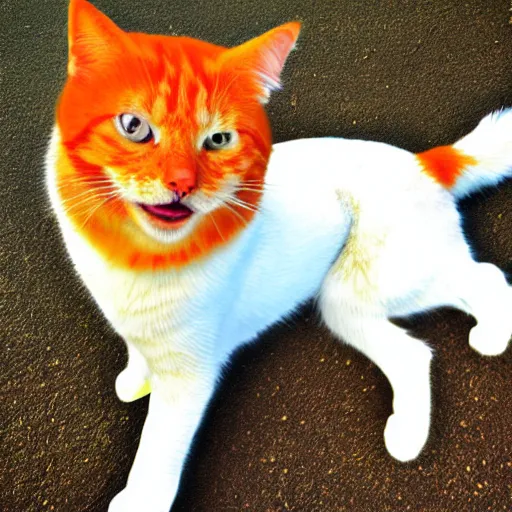 Image similar to an orange cat grinning widely at a white dog. photograph. digital art.
