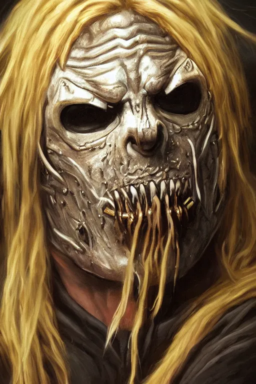 Image similar to high detail fantasy portrait oil painting illustration of slipknot by justin sweet, insane, realistic proportions, d & d, rpg, forgotten realms, artstation trending, high quality, sombre mood, artstation trending, muted colours