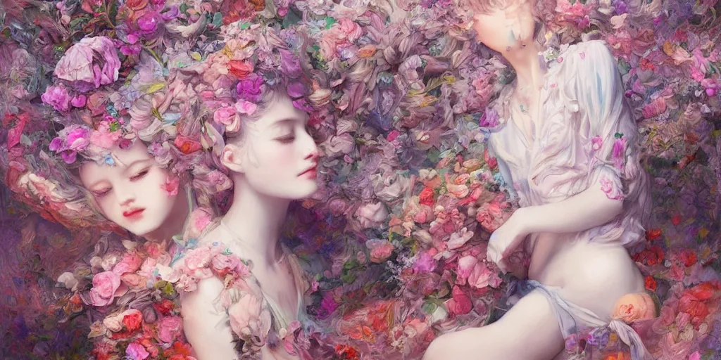 Prompt: breathtaking detailed concept art painting pattern blend of flowers and girls, by soey milk, bizarre compositions, exquisite detail, pastel colors, 8 k