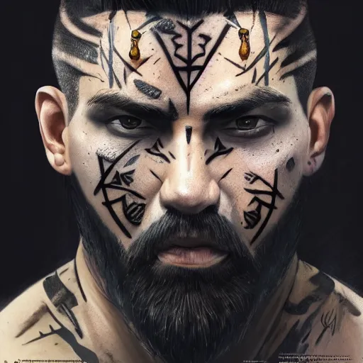 Prompt: a d & d portrait of a fierce gray - skinned goliath with face tattoos, sides of head shaved with black ponytail, black beard, art by deiv calviz, splash art, natural light, fantasy, atmospheric lighting, by greg rutkowski, hd wallpaper, ultra high details, cinematic composition, professional unique masterpiece