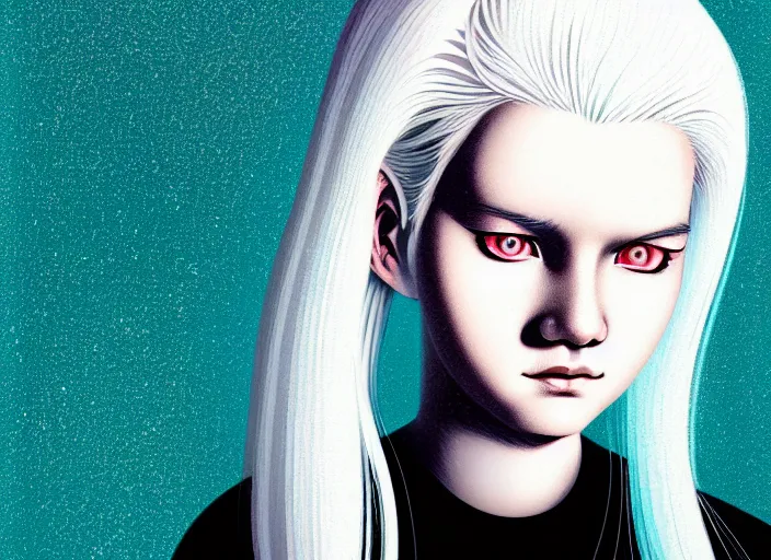 Image similar to portrait of a young girl with white hair colorful, illustration by Mads Berg and Karolis Strautniekas,small finely stippled light, dramatic lighting,fine texutre, editorial illustration, detailed,katsuhiro otomo, dynamic composition,moody, cinematic, film grain,manga, gradients, smooth