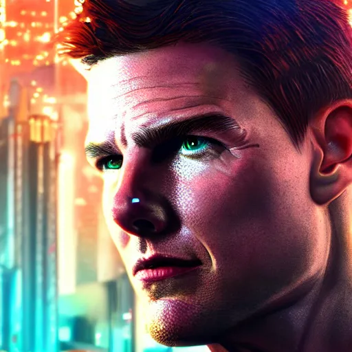 Image similar to tom cruise portrait, Cyberpunk 2077, cyberpsycho, photorealistic, ultra detailed, neon, octane, bokeh, cyber, cyberpunk city, feature, scars, cyberface, 8k