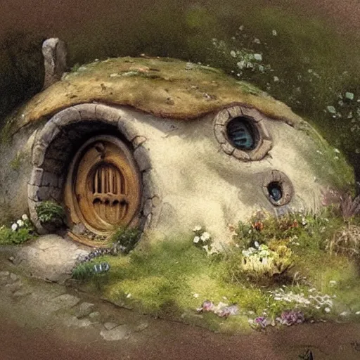 Image similar to hobbit house. muted colors. by Jean-Baptiste Monge style of Jean-Baptiste Monge painted by Jean-Baptiste Monge in art book of Jean-Baptiste Monge, art by Jean-Baptiste Monge, drawings by Jean-Baptiste Monge, paintings by Jean-Baptiste Monge