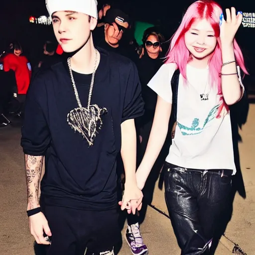 Image similar to justin bieber holding hands with Dahyun. They're So SO SO in love. paparazzi photo.