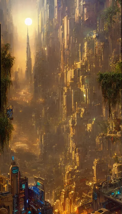 Image similar to golden goddess cutting a hyper realistic cyberpunk city in half with magic, crowded market street overtaken by lush plants, kittens, full moon, light rays, gnarly trees by tom bagshaw, mucha, gaston bussiere, craig mullins, j. c. leyendecker 8 k