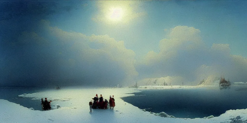 Image similar to Beautiful ice lake, snow, freezing, with a big zepelin in the sky, beautiful artwork detailed painting by Ivan Aivazovsky