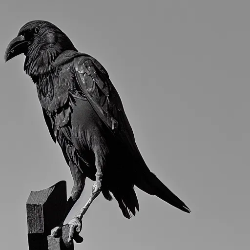 Image similar to a black and white highly detailed and realistic statue of a crow, museum lighting, award winning, masterpiece, nature photography, national geographic, construction site, black and white, high contrast, grainy
