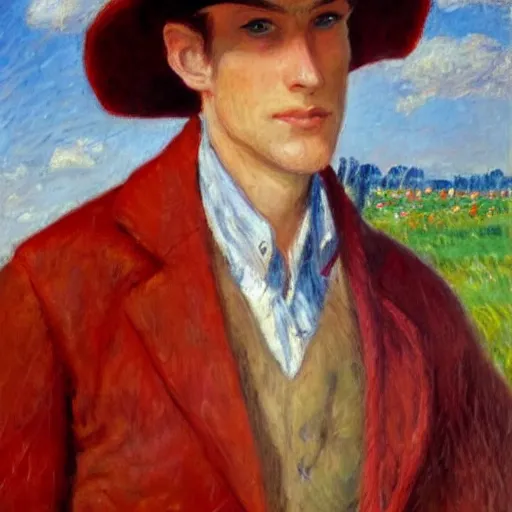 Image similar to A tall man with blue eyes and brown hair stands in the middle of a field of red roses and holds a red rose in his hand. He is wearing a leather wide brim hat and a leather vest, impressionist painting