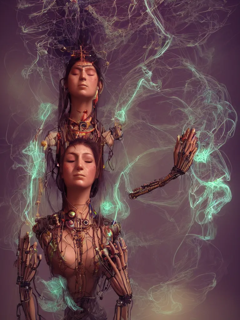 Image similar to an ancient mystical alluring female shaman generating flowing energy and surrounded by wisps of incense smoke sits meditating in a magical cybernetic robot temple, face face face, by ross tran and roberto ferri, 3 d, cinema 4 d render, trending on artstation