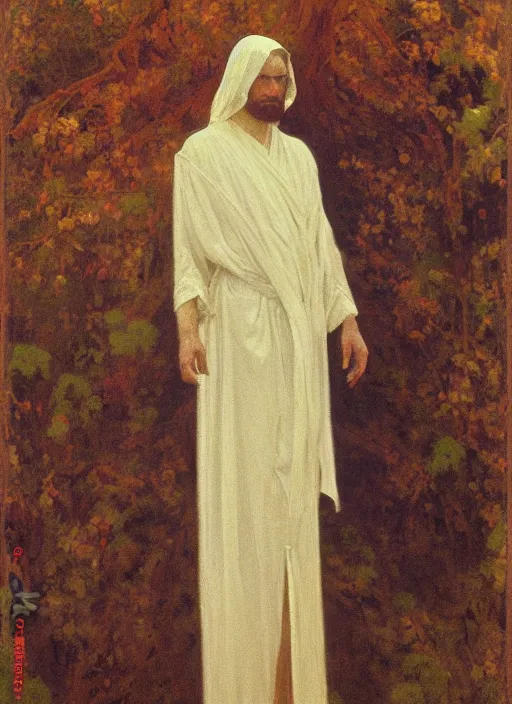 Image similar to an oil painting of a tall person in flowing white robes standing in a hazy, gloomy, dark room, art nouveau in the style of john singer sargent, greg rutkowski, maxfield parrish and alphonse mucha