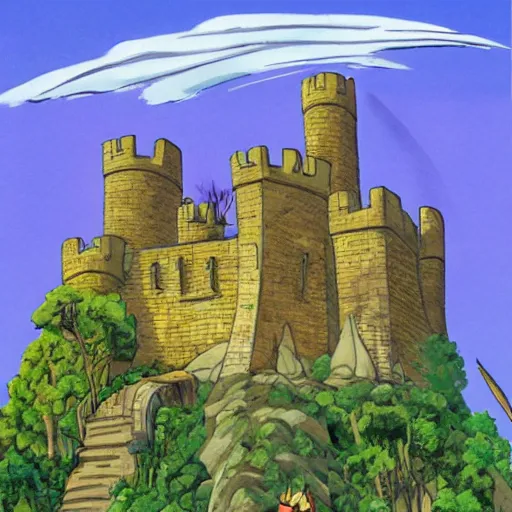 Prompt: a medieval fortress hidden in the jungle, in the style of bob clampett,