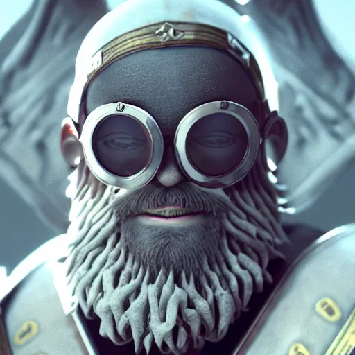 Prompt: highly detailed octane render of a close up portrait of an ugly man with a beard wearing goggles and armour and looking concerned in a cave