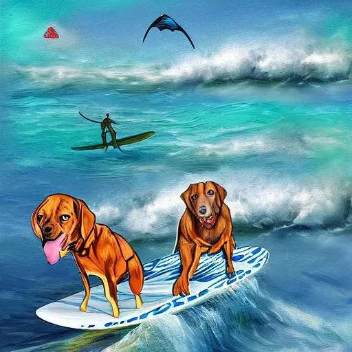 Prompt: cyborg dogs on surfboards surfing on waves in the ocean, digital painting