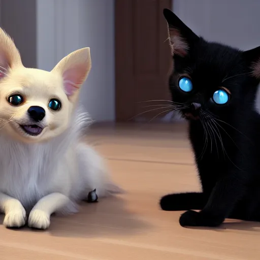 Image similar to an adorable blond long haired chihuahua playing with a cute black cat : : in the style of pixar : : octane render, unreal engine 5, cinematic lighting, cinematic depth of field