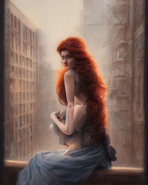 Prompt: an realistic fine art painting of a early twenties female sitting on top of a building in the city with flowing auburn hair, inspired by Tom Bagshaw, studio portrait, muted colors, detailed hair, cinematic lighting, trending on artstation, god lighting, 4K