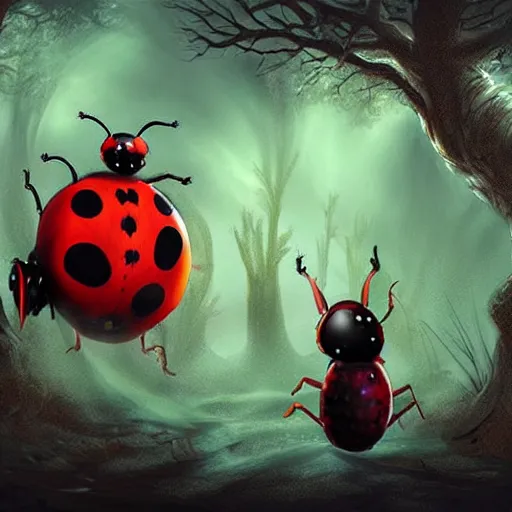 Image similar to ladybug as a monster, fantasy art style, scary atmosphere, nightmare - like dream ( video game style )