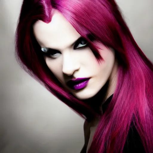 Image similar to female vampire portrait, purple hair, red eyes