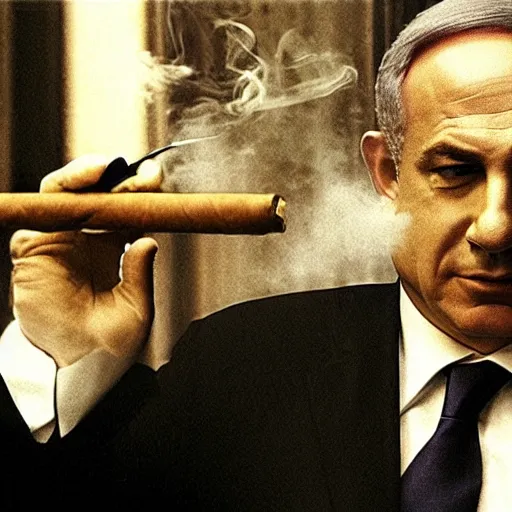 Image similar to portrait of benjamin netanyahu as the godfather smoking a cigar, neo noir style, dramatic lighting, cinematic, dark, foreboding, establishing shot