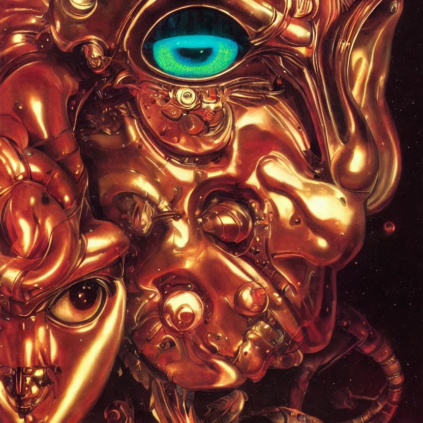 Prompt: a baroque close - up portrait of a cosmic alien fantasy cyborg god with colorful laser eyes. black background. studio lighting, big eyes. highly detailed science fiction fantasy painting by norman rockwell, moebius, frank frazetta, syd mead, and sandro botticelli. high contrast. renaissance masterpiece. artstation.