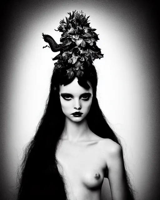 Image similar to a black and white high quality dreamy photo of a young beautiful female queen-pale dragon-vegetal-many flower-cyborg bust with a very long neck, elegant, highly detailed, poetic, soft, dreamy, mysterious, high fashion, rim light, in the style of Ellen von Unwerth, Realistic, Refined, Digital Art, Highly Detailed, Cinematic Lighting, rim light, black and white, photo-realistic, 8K