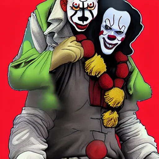 Image similar to pennywise the clown riding on danny trejo's back in a mystical void