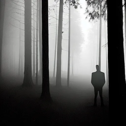 Image similar to shadow people in forest, staring at camera glowing white eyes, black and white, foggy, grainy, very old, creepy, eerie, unsettling