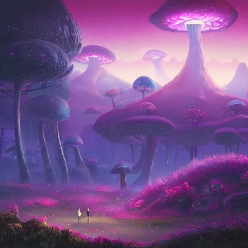 Image similar to concept art painting of a fantasy alien fungal landscape at night, magenta trees, glowing blue mushrooms, village of houses made of mushrooms, dark purple sky, realistic, detailed, cel shaded, in the style of makoto shinkai and greg rutkowski and albert bierstadt and james gurney